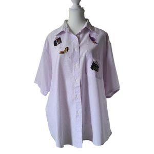 Las Olas Lavender Striped Button-Down Short Sleeve Blouse